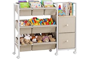 Modanais Kids Toy Organizers and Storage Bins - 7 Storage Bins + 2 Fabric Drawers + 1 Bookshelf, Playroom Storage, Mobile Cart Organizer for Toy, Clothes, Blankets and Books - Off White