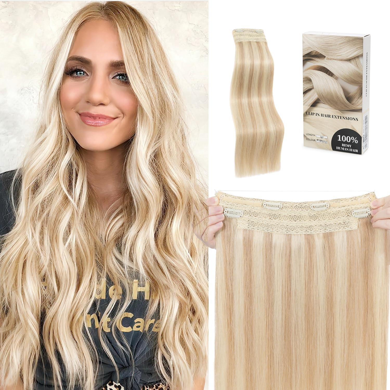 Photo 1 of SLEEKALON Invisible Wire Halo Hair Extensions - Real Human Hair, 20 Inch Ash Blonde Highlighted, Bleach Blonde, Fish Line Wire, Adjustable Clips, 110g, #18P613