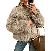 Funlingo Women's Faux Fur Coat Winter Long Sleeve Lapel Cropped Jacket Warm Shaggy Overcoat