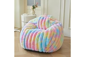 MEGO Kids Fluffy Faux Rabbit Fur Bean Bag Chair Cover(No Filler), Tie Dye Shaggy Striped Stuffed Animal Storage Bean Bag for Plush Toys, Fuzzy Ribbed Beanbag Cover Kids Girls Teens, Anti-slip, Rainbow