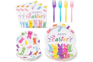G1ngtar 96Pcs Easter Bunny Peeps Party Plates Supplies - Happy Easter Rabbits Party Tableware Decorations Disposable Paper Plates Napkins Forks for Kids Spring Birthday Baby Shower, Serves 24