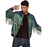 Lars Amadeus Shiny Tassel Jacket for Men's Zipper 70s Disco Sparkly Sequins Baseball Bomber Jackets