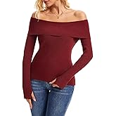 Simlakey Women Off Shoulder Sweater 2026 Spring Fashion Long Sleeve Tops Casual Pullover Slim Fit Outfit with Thumb Holes