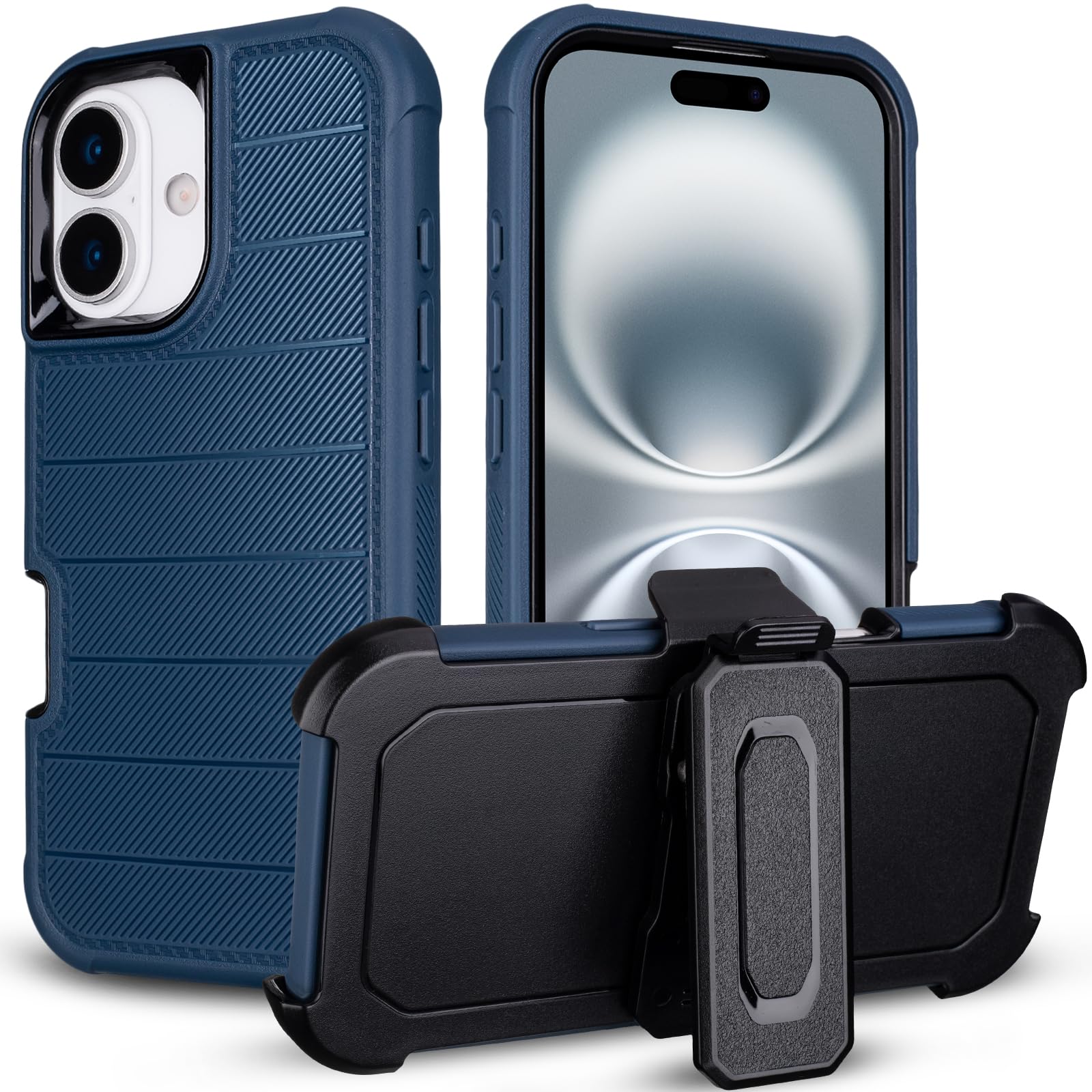 for iPhone 16 Case with Clip, Anti-Drop, Anti-Fingerprint, 3 in 1 Heavy Duty Shockproof Protection, Military-Grade Cover for iPhone16 Case Rugged, Blue