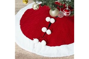 TangJing 48 Inch Large Christmas Tree Skirt, Knitted Red Tree Skirt with White Faux Fur Plush Edge, Luxury Thick Rustic Christmas Tree Decorations Xmas Tree Mat for Holiday Home Decor Party