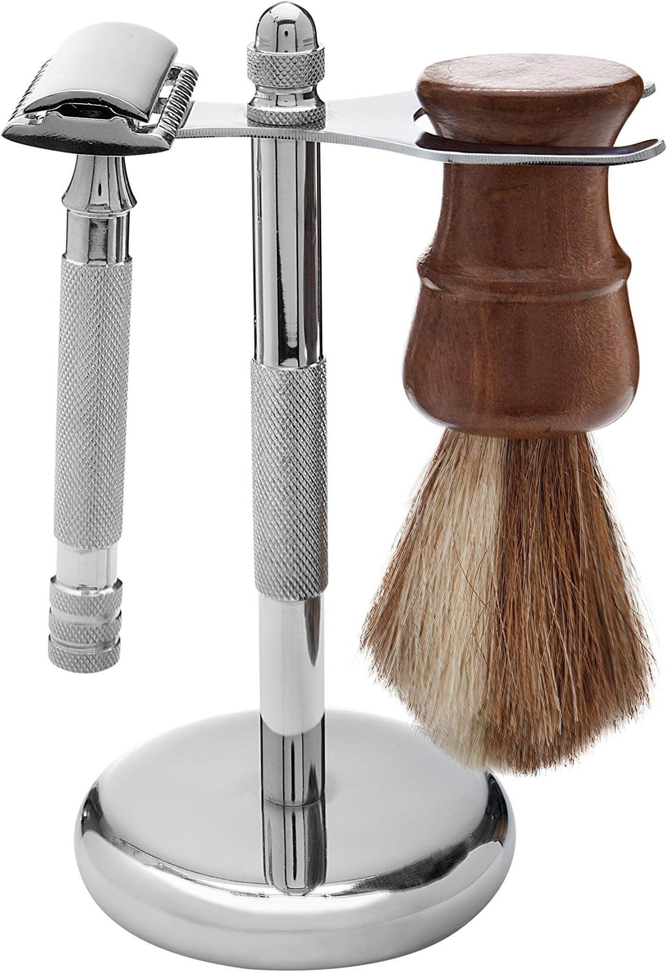 Magnus Shaving kit – Chrome Finish Double Edge Safety Razor + Chrome Razor and Brush Stand + 100% Pure Badger Shaving Brush + 2 Free Shaving Blades