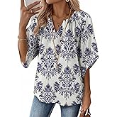 Zeagoo Womens Tops 3/4 Sleeve V Neck Bohemian Blouses Casual Loose Fit Tunic Boho Shirts Floral Printed Clothes