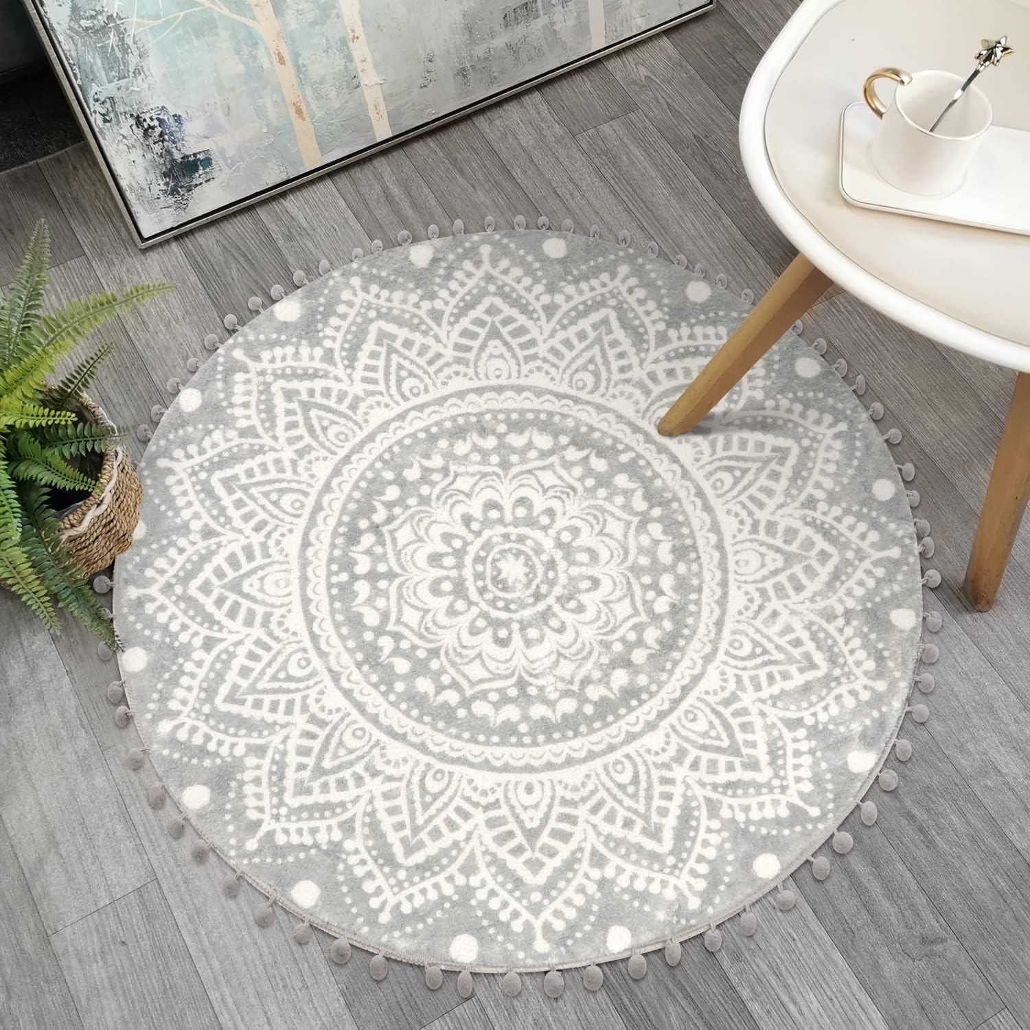 Uphome Boho Round Rug for Bedroom 3' Circle Mandala Grey Bathroom Rug ...