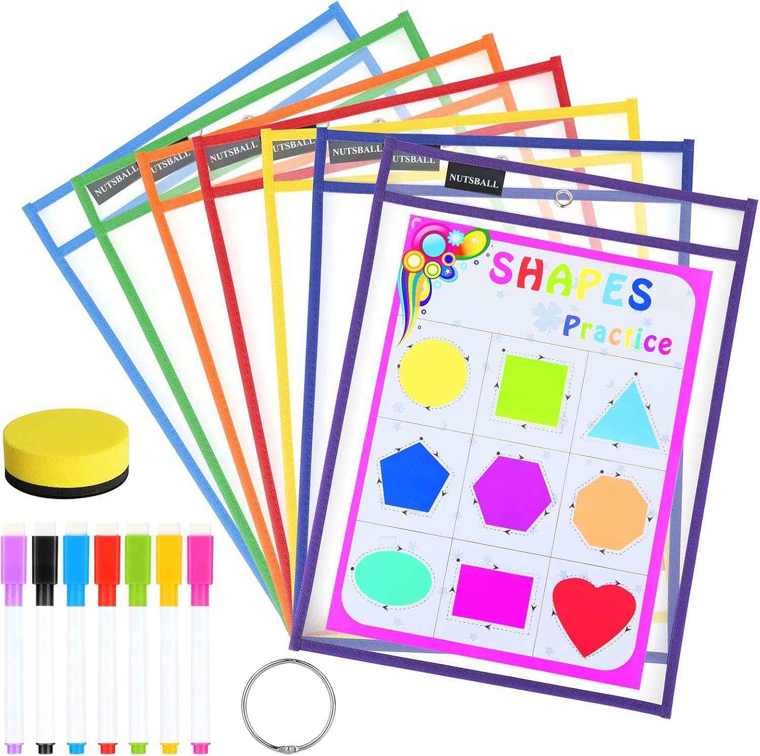 Nutsball Dry Erase Pockets Reusable Sleeves 7 Pack - Oversized Plastic Sheet Paper Protectors - Job Ticket Holders Assorted Colors - Teachers Students Kids Supplies for Classroom School Home Office : Office Products