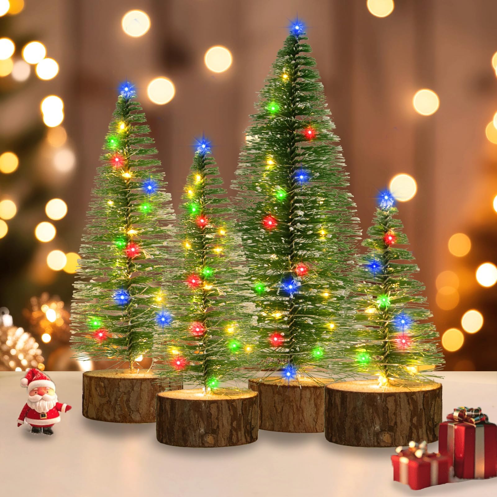 Photo 1 of 4 PCS Mini Christmas Trees, 4 Sizes Artificial Christmas Trees with 2 Modes LED String Lights Timer, Bottle Brush Trees Battery Powered Tabletop Tree Decoration (Multicolor)