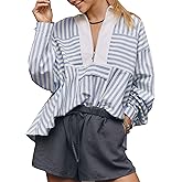 RIATOUR Women's Half Zip Striped Swing Blouse Casual Long Sleeve Oversized Tops Loose Shirt Tops (Blue-L)