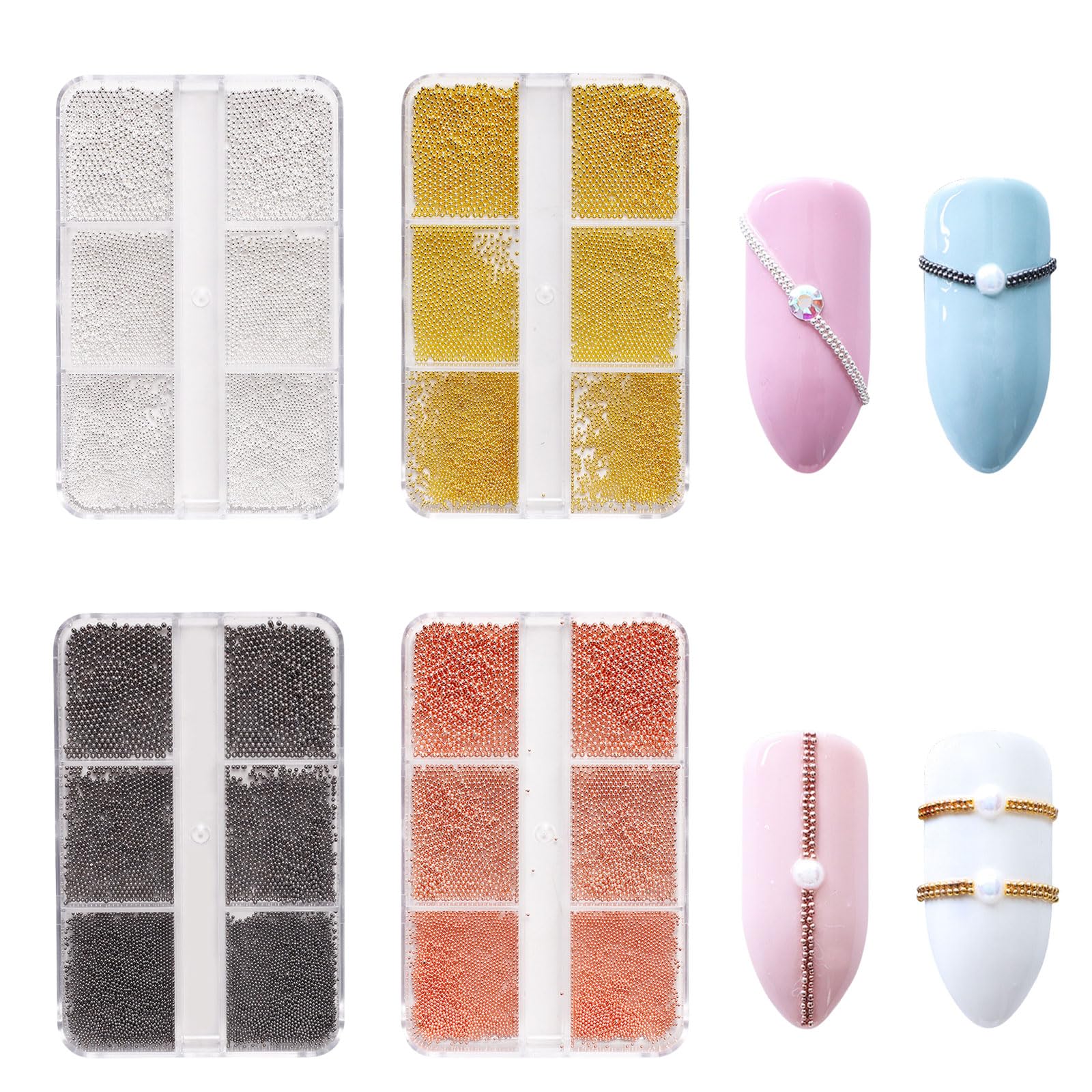 Nail Art Caviar Beads- 4 Boxes 3D Micro Caviar Beads Gold Silver Black Rosegold Gray Tiny Steel Beads Metal Mini Pearls Ball Glitter for Nail Art Decorations DIY Crafts Accessories (1.2mm,1mm,0.8mm) — image 1