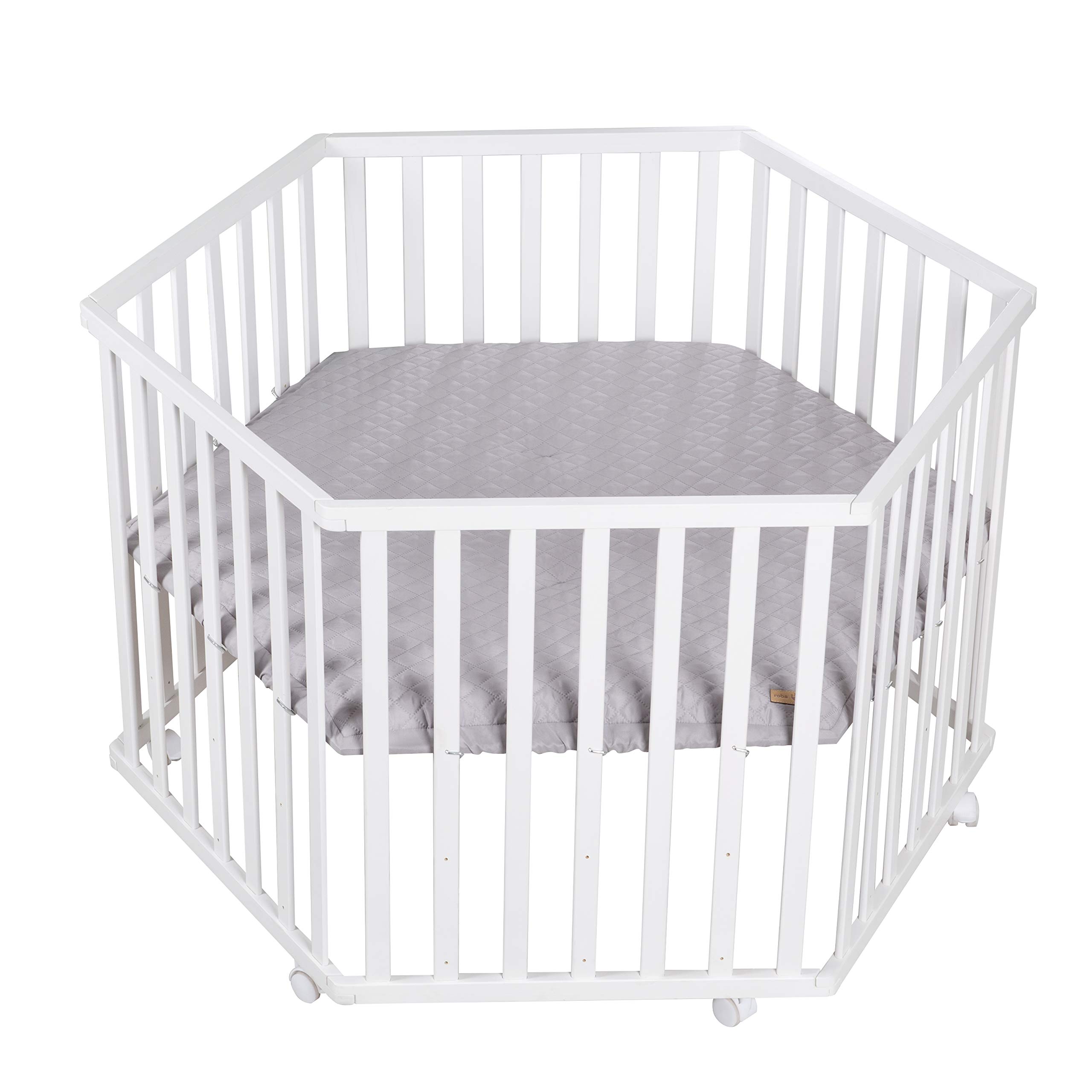 roba Hexagonal Playpen - Baby Play Pen Hexagonal + Insert roba Style Grey - 3-Way Height Adjustable - Mobile Playpen with Wheels - Wood White