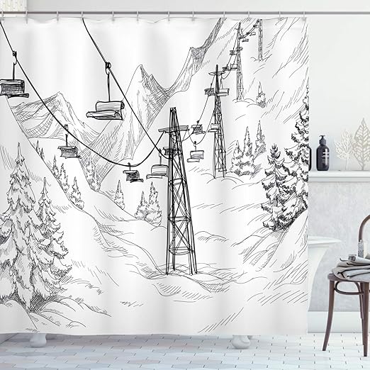 Amazon Com Lunarable Winter Shower Curtain Ski Lift With Fir Trees Monochrome Seasonal Holiday Destination Themed Sketch Cloth Fabric Bathroom Decor Set With Hooks 75 Long White Grey Home Kitchen