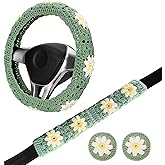 Crochet Steering Wheel Cover Set,Cute Car Steering Wheel Cover Boho 14-15 in,Handmade Daisy Granny Square Pattern for Women,Hippie Car Accessories (Wheel Cover Set)