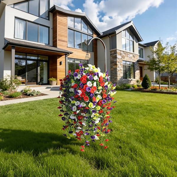 INQCMY ARTIFICIAL FLOWERS FOR OUTDOOR SPRING SUMMER DECORATION FAUX SILK MORNING GLORY FAKE HANGING FLOWERS UV RESISTANT LOOK REAL FOR HOME PORCH (10PCS PURPLE&RED&WHITE&YELLOW+1 BASKE)
