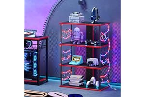 Bestier Gaming Display Shelf for Lego with 160,000 Colors 33ft Light with APP Control, 4-Tier Display Case for PS4 Xbox with 12 Hooks & Metal Wire, Bookshelves for Bedroom Black Carbon Fiber