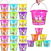 Nuogo 60 Pcs Plastic Easter Basket with Handles Bulk Colorful Small Cute Bunny Egg Hunt Buckets for Boys Girls Easter Goodies Party Favors Decorations