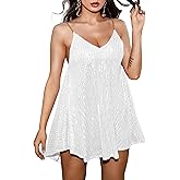 Wenrine Women's Sequin Dress Sexy V Neck Spaghetti Strap Backless Mini Dresses Club Party Dresses White