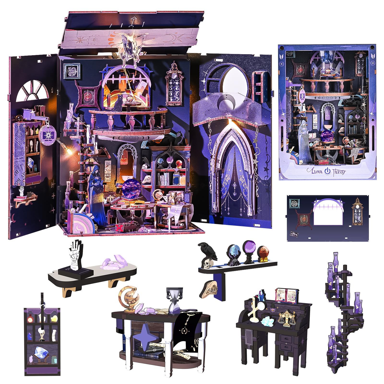 Roroom Book Nook Kit for Adults, Luna Tarot DIY Miniature House Kit with LED Lights & Dust Cover, Wooden Dollhouse for Book Shelf Decor - Creative Gift for Teens & Book Lovers