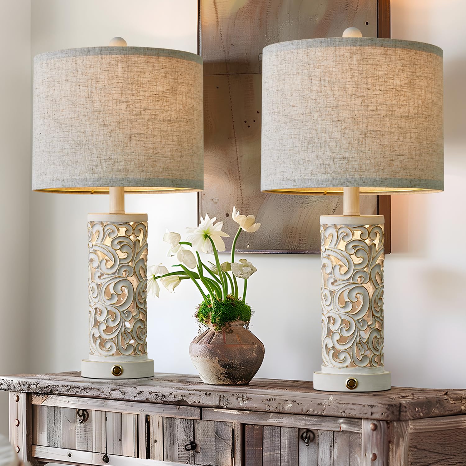 Photo 1 of OYEARS 3-Way Dimmable 22'' Table Lamp Set of 2 for Living Room Bedroom Farmhouse Vintage Retro Bedside Lamps Touch Control with USB Ports Linen Shade for Home Office (Wash White, Bulb Included)
