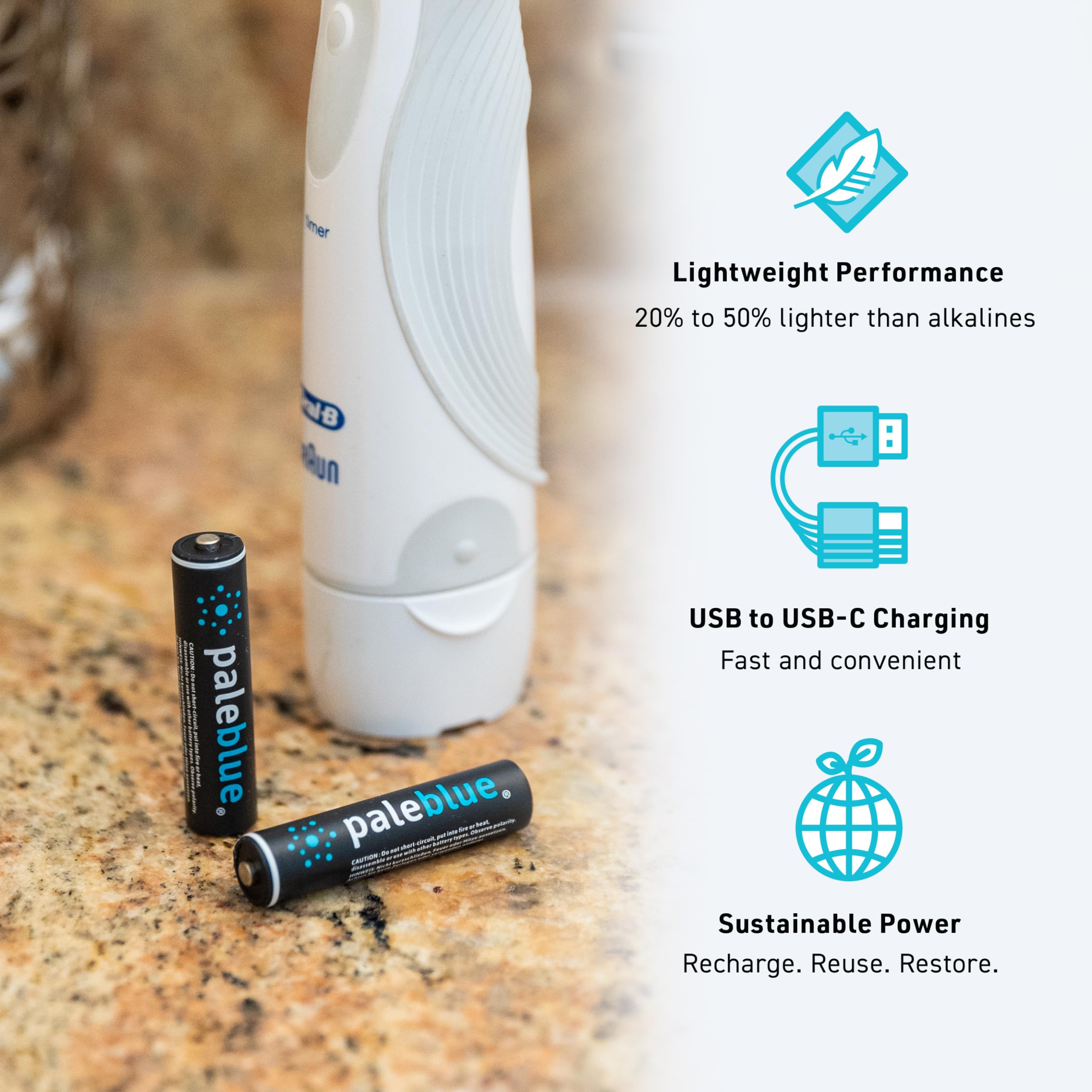 paleblue USB Rechargeable AAA Lithium Batteries, 1 Hour Charge Time, Recharge Over 1000 Times, 600 mAh, 4-in-1 USB-A to USB-C Charging Cable, 4 Pack