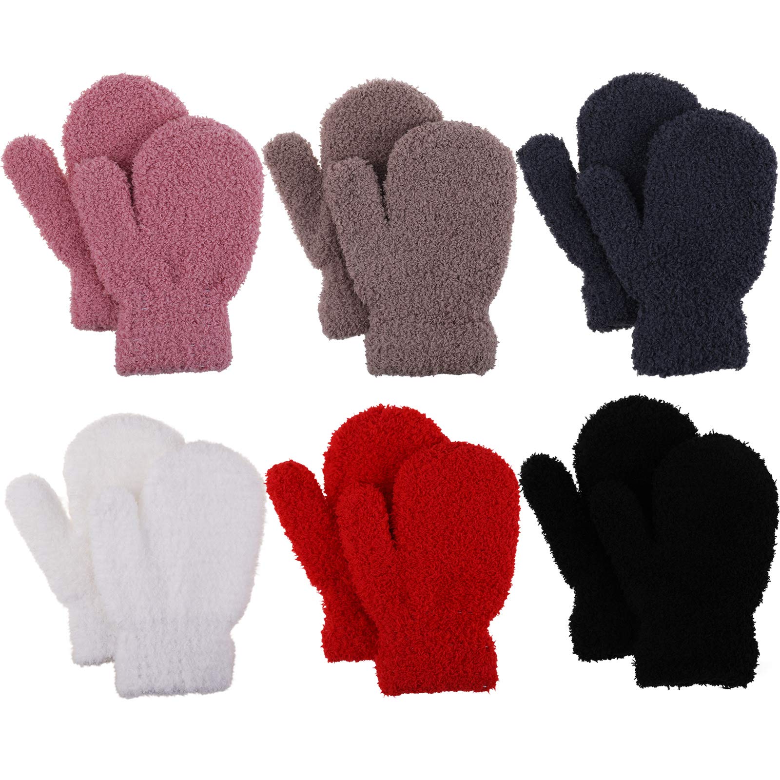 Jupsk Toddler Mitten Kids Winter Warm Knitted Solid Color Coral fleece Gloves Magic Stretch Gloves for Baby Boys and Girls, 1-4 Years Old, 6 Pairs