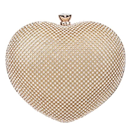Bonjanvye Heart Shape Diamond Clutch Bag for Ladies Trendy Evening Purse Gold