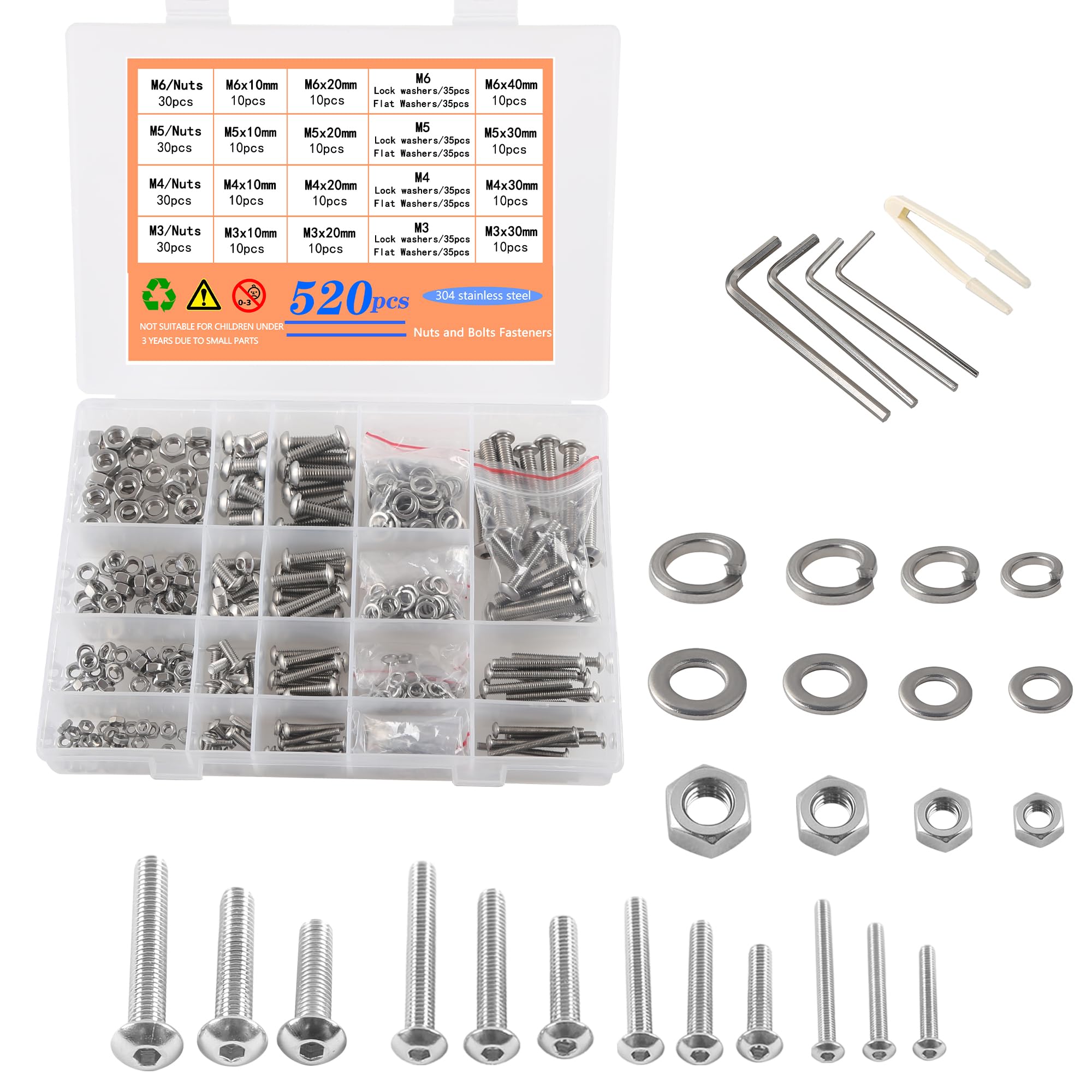 newlng Round Button Head Bolts M3 M4 M5 M6 Bolts and Nuts Washers Wrench sets 304 Stainless Steel Lens Head Screws Ideal for Furniture Machinery & Construction industry With Assortment Box 525piece