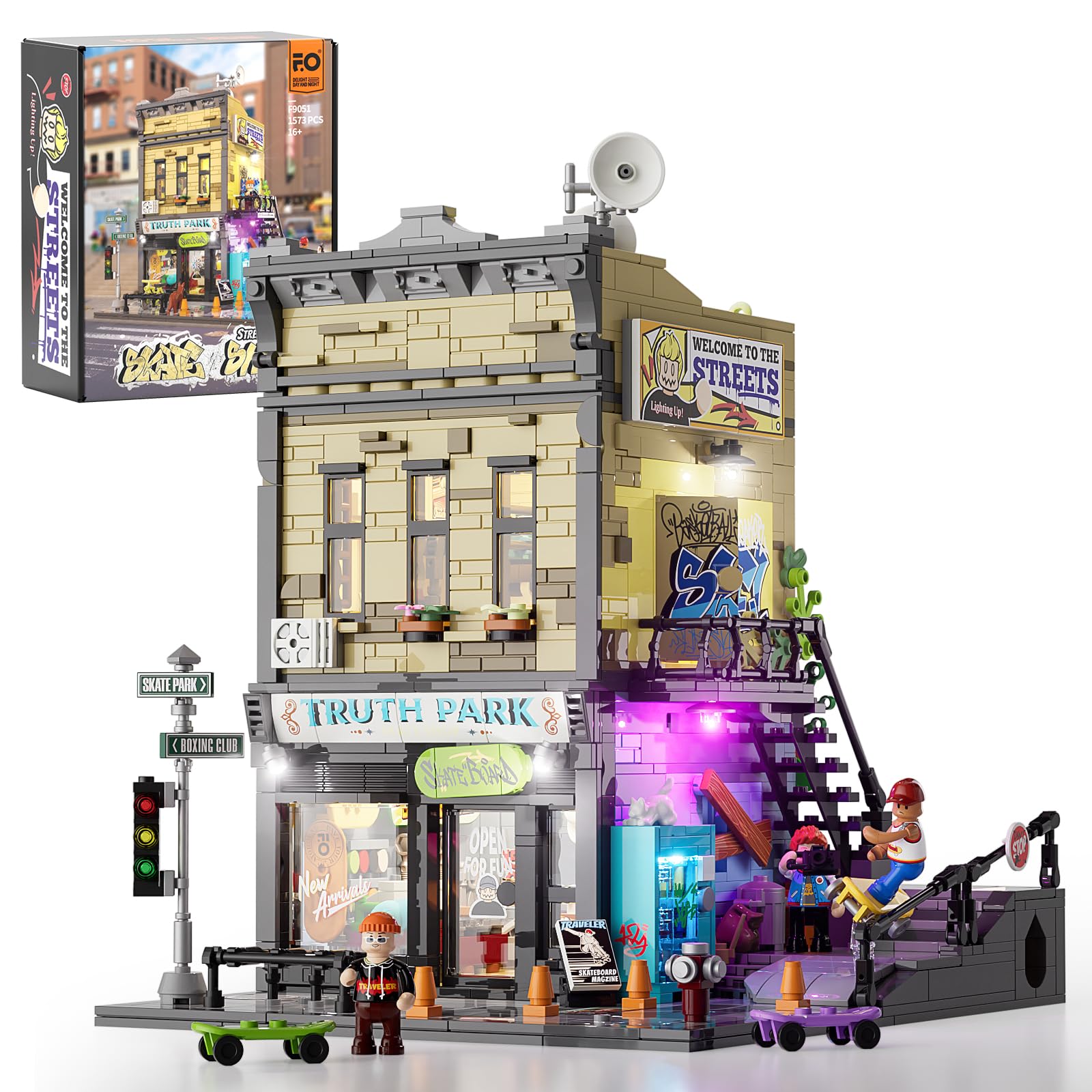 FUNWHOLE Skate-Shop Lighting Building-Bricks Set - Street Fusion City Skate Store Collection LED Light Modular Building Kit 1573 Pcs for Adults and Teen
