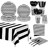 Kochorie 176 Pieces Black and White Disposable Dinnerware Set Black Striped Party Supplies with Paper Dinner Dessert Plates Napkins Cups, Plastic Cutlery Tablecloth Serve 25 Guest for Birthday Wedding