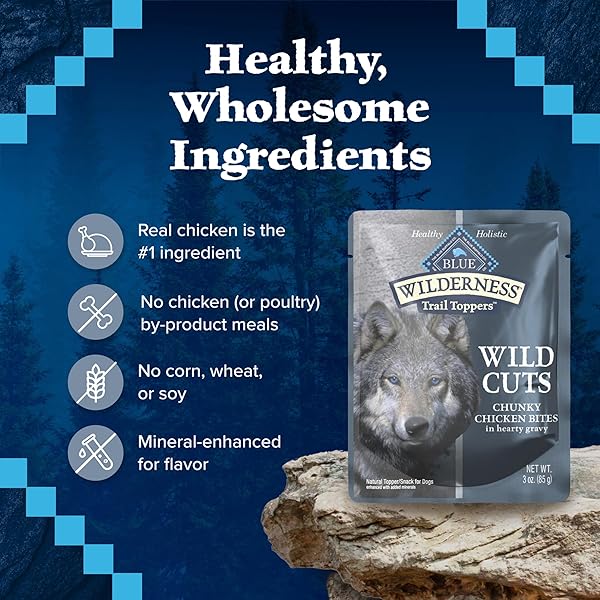BLUE BUFFALO WILDERNESS TRAIL TOPPERS WILD CUTS NATURAL HIGH-PROTEIN DOG WET FOOD, CHICKEN BITES IN HEARTY GRAVY, 3-OZ POUCH, 24 COUNT