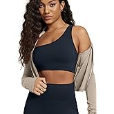 ODODOS Seamless One Shoulder Sports Bra for Women Ribbed Asymmetrical Non Padded Yoga Crop Tank Tops