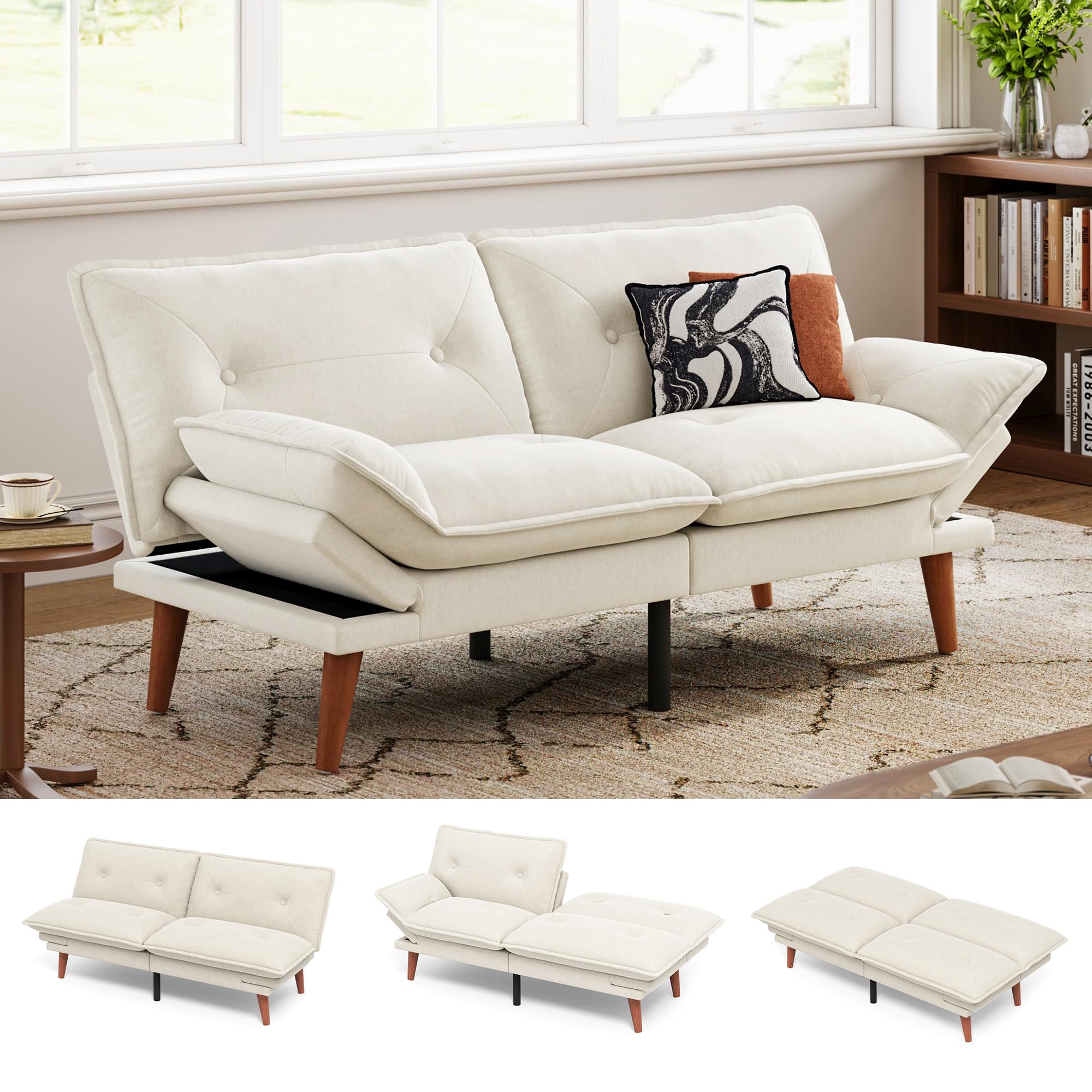 Photo 1 of **MISSING CUSHIONS** LINSY HOME Futon Sofa Bed, 70" Chenille Futon Couch with Adjustable Backrest Armrest, 3 in 1 Convertible Comfy Loveseat Sleeper Sofa Bed for Small Spaces Dorm Room Apartment Home Office, Beige White