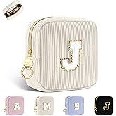 Playexen Small Initial Makeup Bag, Small Beige Corduroy Personalized Cosmetics Bag with Ring Buckle, Monogram Cute Travel Toiletry Pouch Purse, Birthday/Wedding/Party Gifts (Letter J)