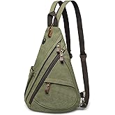 SUIKIHUM Vintage Canvas Sling Bag with Genuine Leather Zipper, 3 in 1 Crossbody, Backpack, and Chest Bag, for Travel, Hiking, 16x10x6 Inches, Green