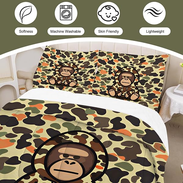 VTKON CAMOUFLAGE BEDDING SET FULL/QUEEN FOR BOYS KIDS TEENS AUDLTS CARTOON GORILLA COMFORTER SET CAMO ARMY GREEN MILITARY BED SET FOR BEDROOM HIP HOP ART QUILT SET WITH 1 COMFORTER + 2 PILLOWCASES
