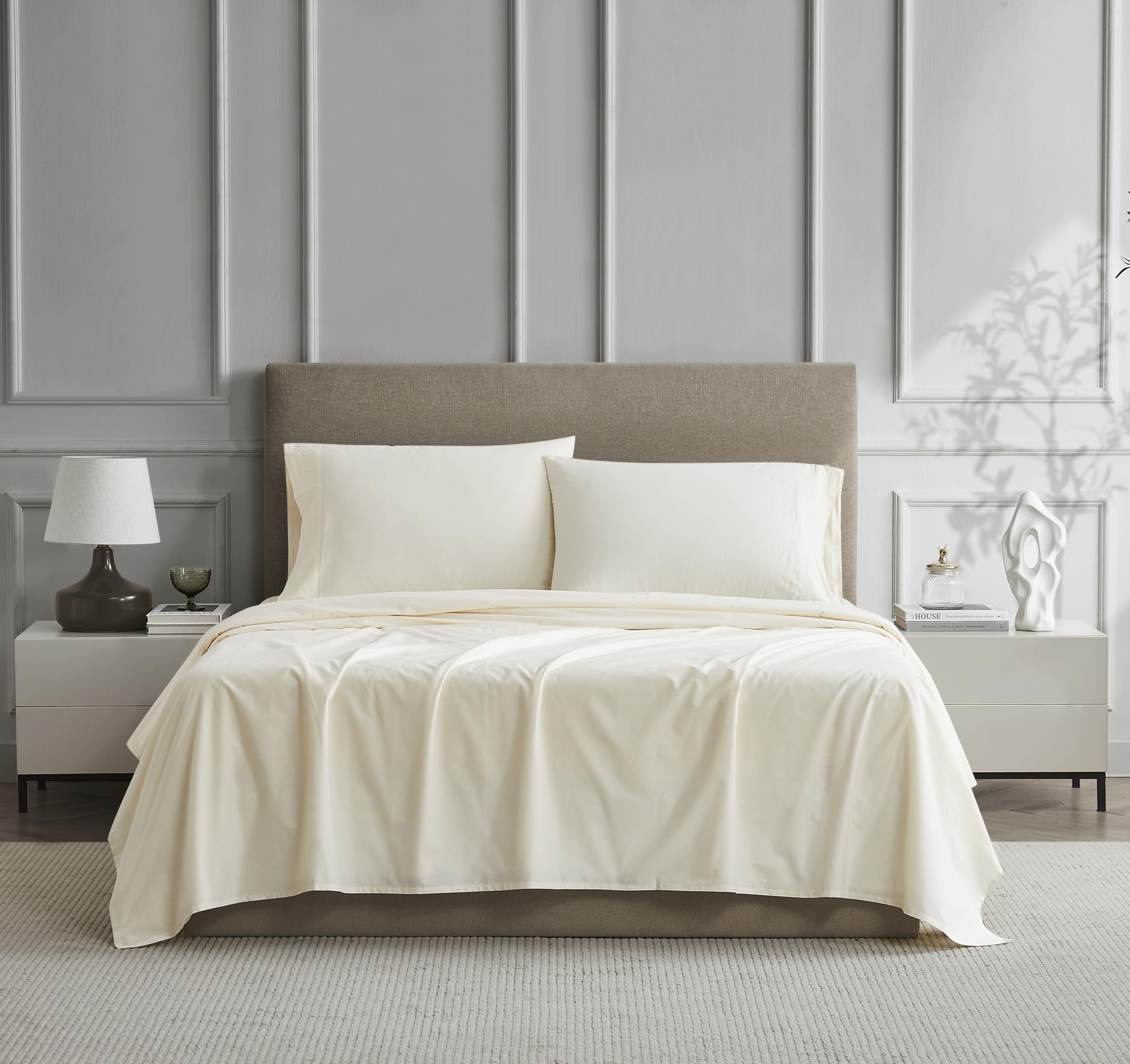Photo 1 of 100% Cotton King Sheet Set- Crisp & Comfortable, Lightweight & Breathable, Deep Pocket for Snug Fit, Easy Care - Includes 1 Flat, 1 Fitted Elasticized Sheet, 2 Pillowcases - Ivory by Linen Closet