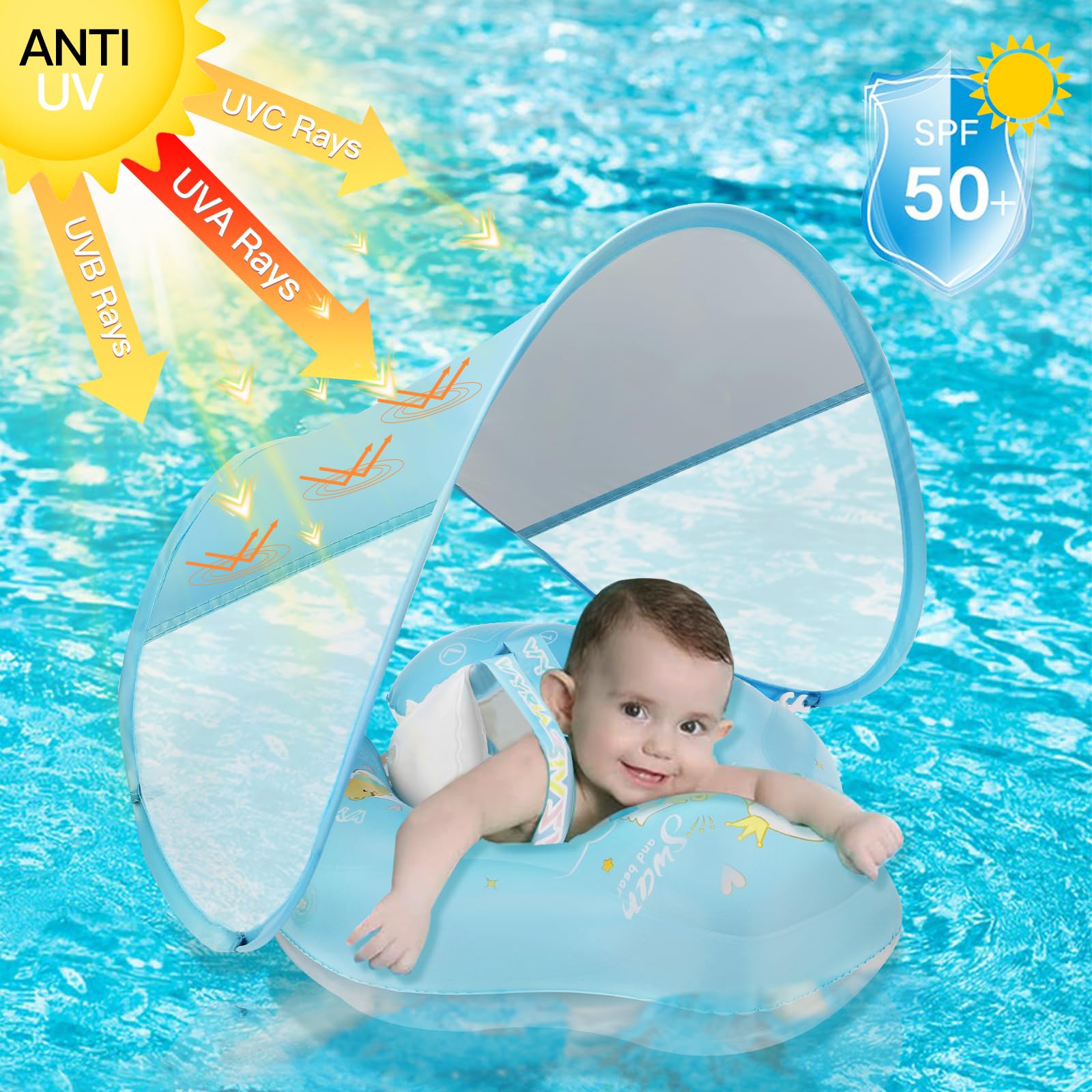LOOWARTS Aufblasbarer Baby Schwimmring,Swimming Float mit Baldachin und Sicherheitssitz, Baby-Schwimmtrainer|Schwimmhilfe|Floating Ring, mit UPF50+ UV-Schutz, geeignet für Babys 3-12 Monate. 4