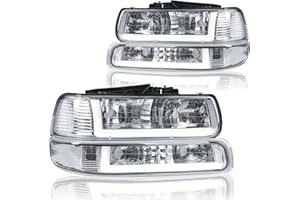 DimFlux LED DRL Headlight Assembly Compatible with 1999 2000 2001 2002 Chevy Silverado /2001-2002 Silverado 1500 1500HD 2500 3500 Headlights Kit Replacement Headlamp Chrome Housing Clear Reflector