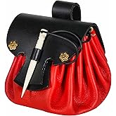 Mythrojan Medieval Belt Pouch Viking Belt Bag with Genuine Leather for Renaissance Costume Accessories LARP Waist Bag Cosplay Coin Purse Antique Vintage Coin Pouch – Red & Black, 3.5”