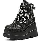 Tscoyuki Platform Ankle Boots for Women Chunky High Heel Booties Goth Round Toe Combat Boots Women Lace Up Motorcycle Wedges