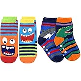 Jefferies Socks Boys Fuzzy Dinosaur Shark Monster Non Skid Slipper Socks 4 Pack