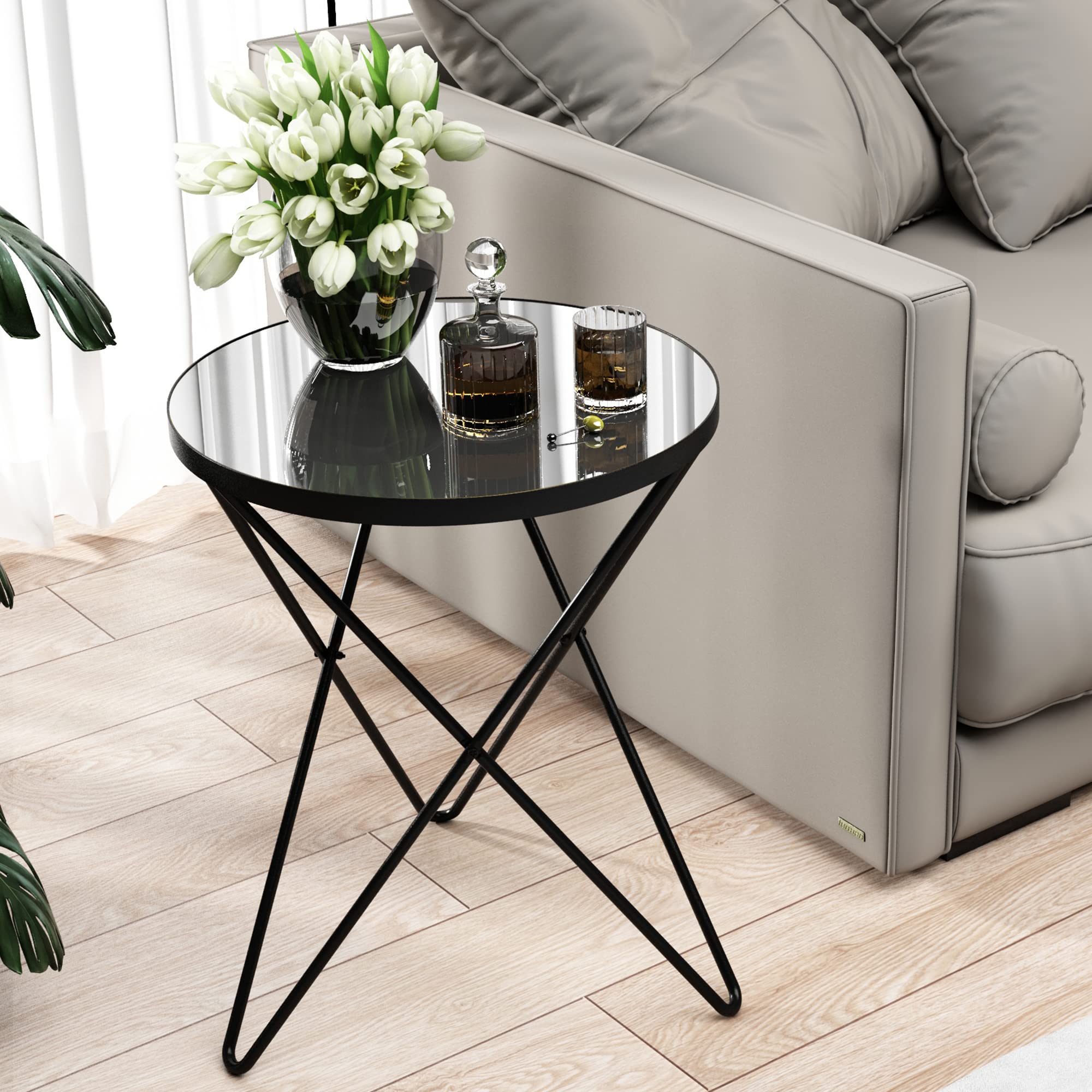 HLR Modern Round Side Table, End Table with Marble