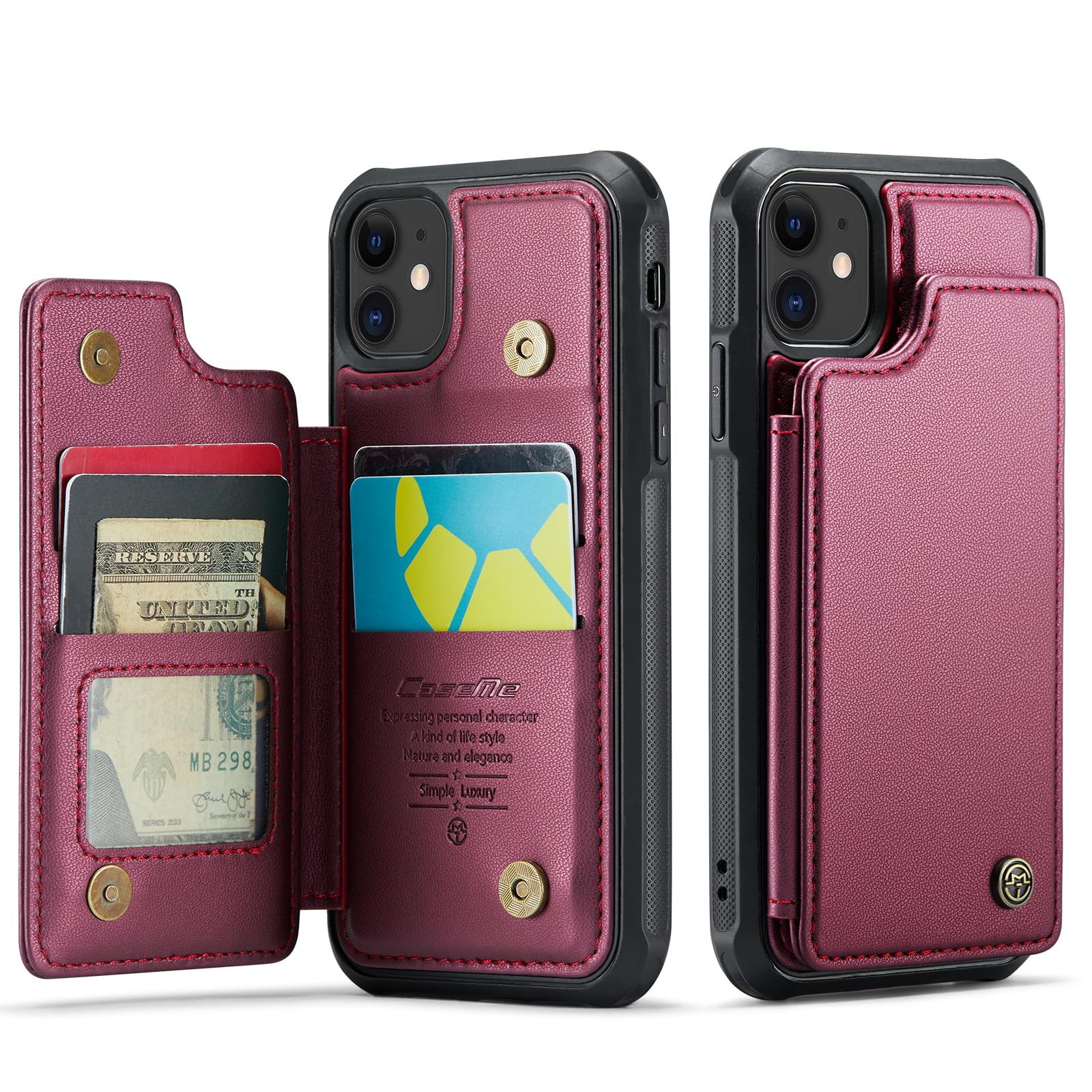 UEEBAI Wallet Case for iPhone 12/iPhone 12 Pro 6.1 inch, RFID Blocking Card Slots Flip Case PU Leather Kickstand Folio Case Magnetic Clasp Cover Shockproof Case for Women and Men - Wine Red