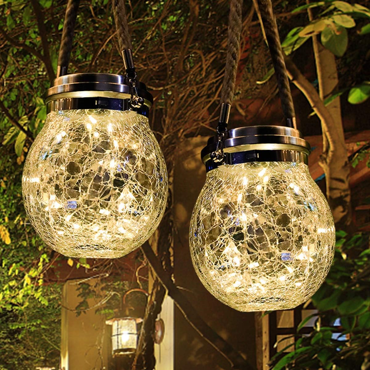 Solar Lantern Light Hanging Crackle Glass Ball Lights 2Pcs, Outdoor