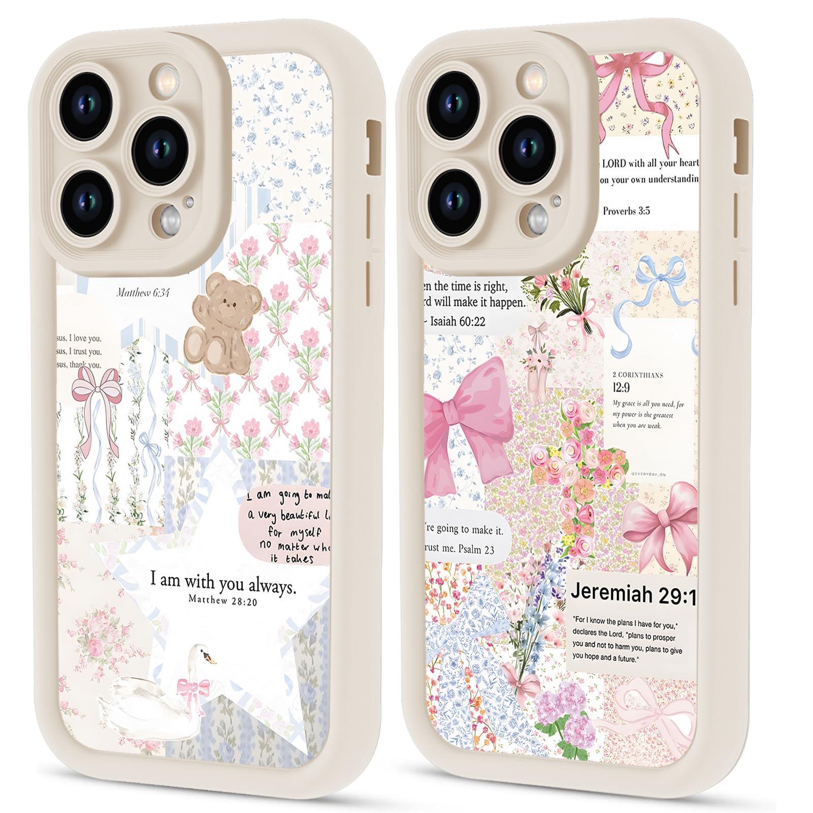 Aoldimu 2 Pack Collage Jesus Bible Verses Bow Phone Case for iPhone 14 Pro 6.1" for Women Girls,God Jesus Faith Floral Bear Design Soft Shockproof Protective Cover for iPhone 14 Pro