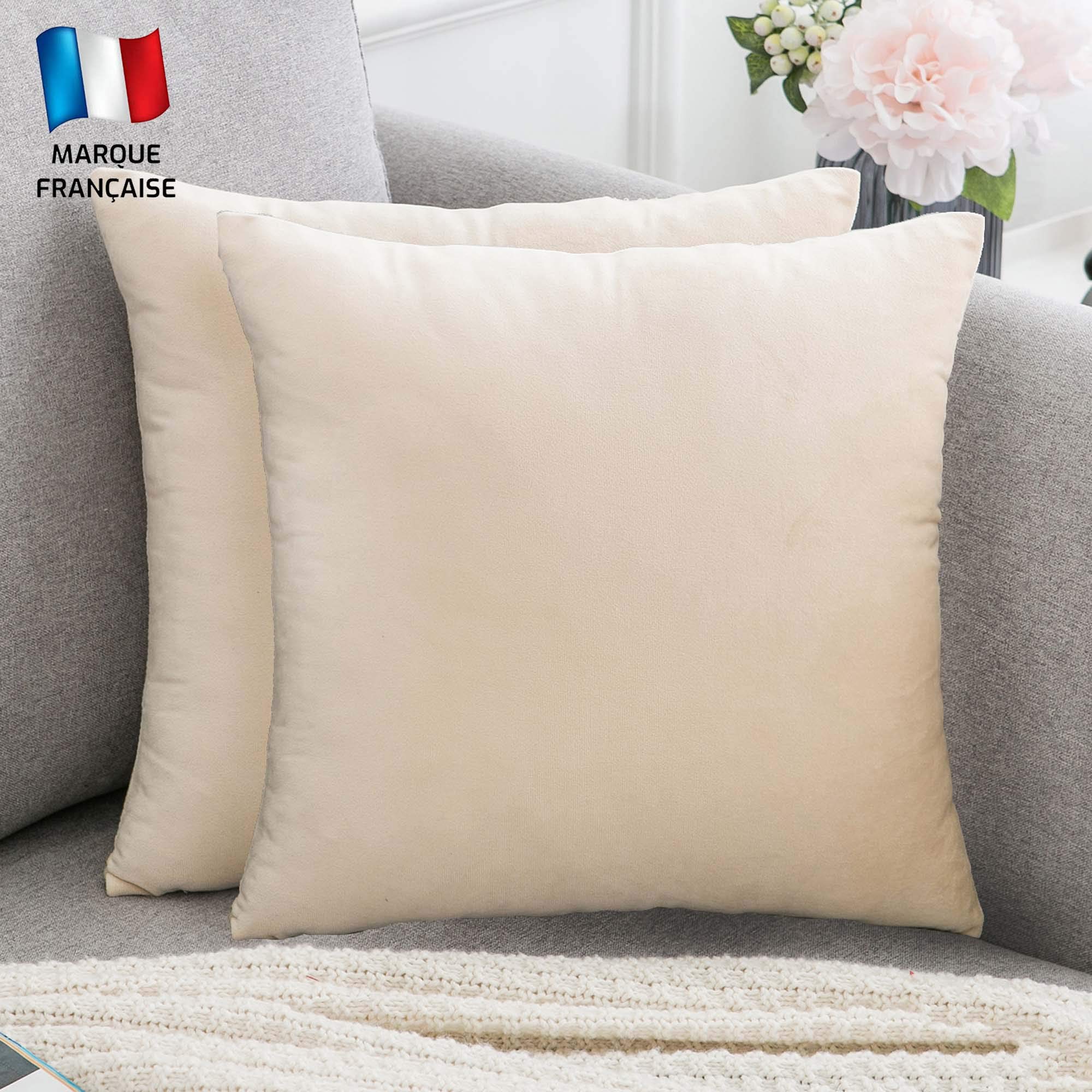 Douceur De Plumes Set of 2 Decorative Cushion Cover Beige Velvet 16x16 Inch Plain, Soft and Modern Rectangular Pillowcase for Scandinavian Creme, Living Room Home Decor Sofa (2 Beige)