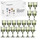 XUWAIDSGN 24 Pcs 7oz Plastic Vintage Wine Glasses Drinking Glasses Unbreakable Wedding Glassware Crystal Water Goblets Reusable Drinkware Vintage Champagne Flutes (24, Dark Green)