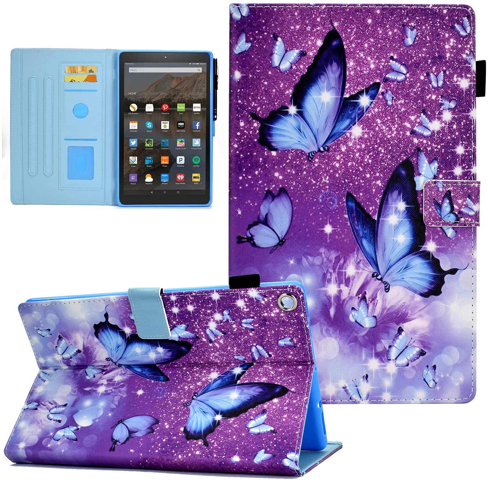 Case for Amazon Fire HD 10 Tablet (9th Generation 2019, 7th Generation 2017), NOT fit New 2022 2023 Release 11th 13th Gen, Premium PU Leather Stand Cover with Smart Auto Wake/Sleep,Beautiful Butterfly